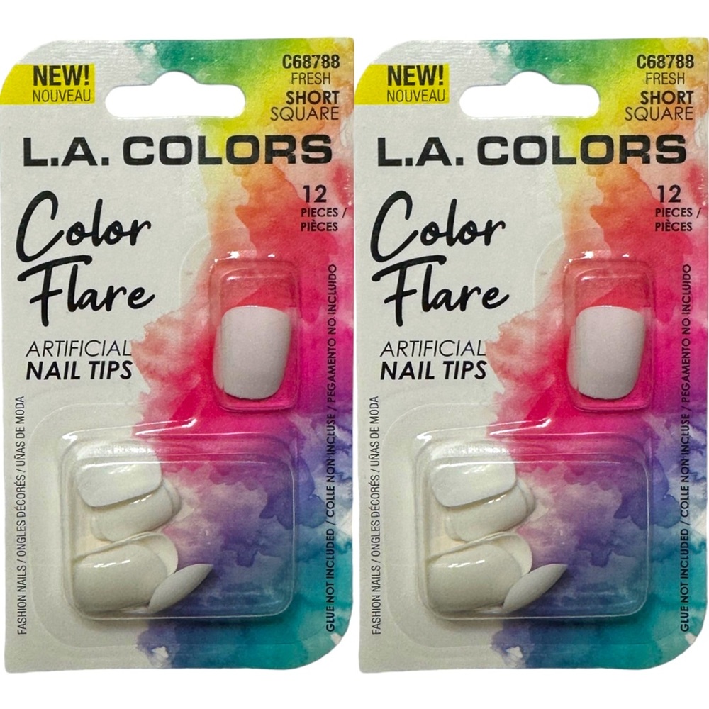 L.A. Colors Color Flare 12 Pc Fresh Short Square Artificial Glue On Nails, 2 Pk